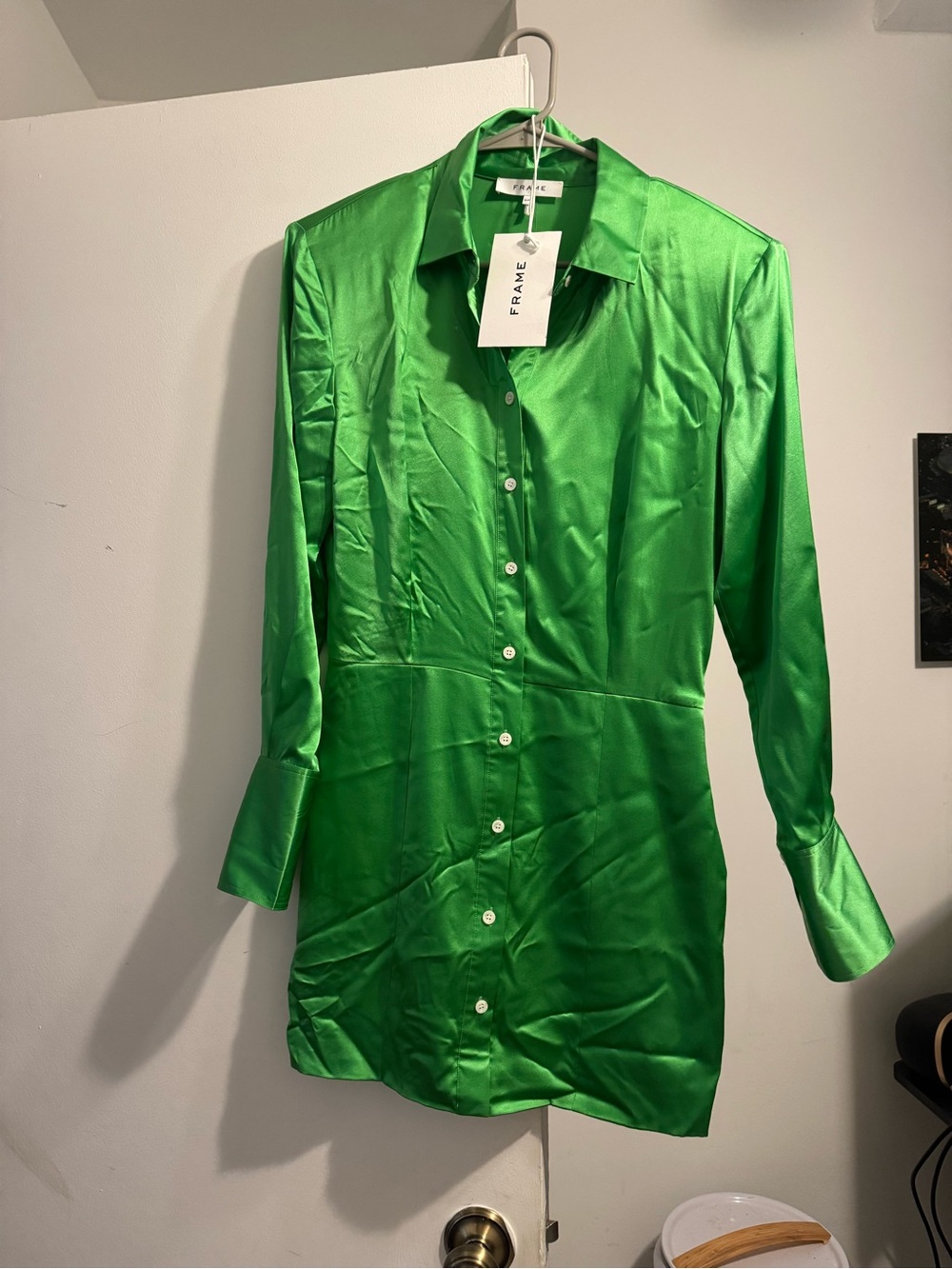 Frame Denim Green Satin Button-Down Shirt